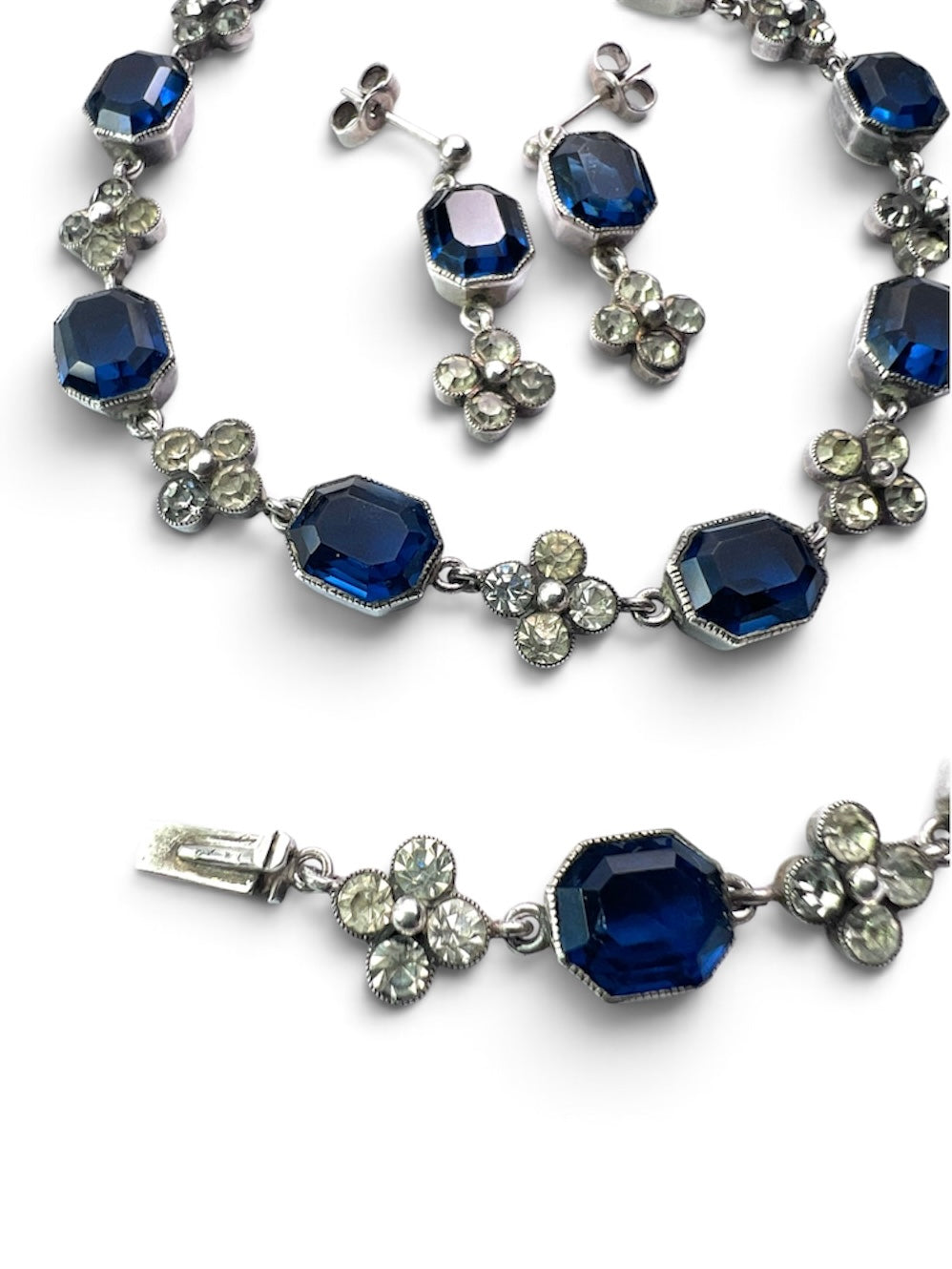 Art Deco Sapphire Paste Silver Earrings and Necklace Set