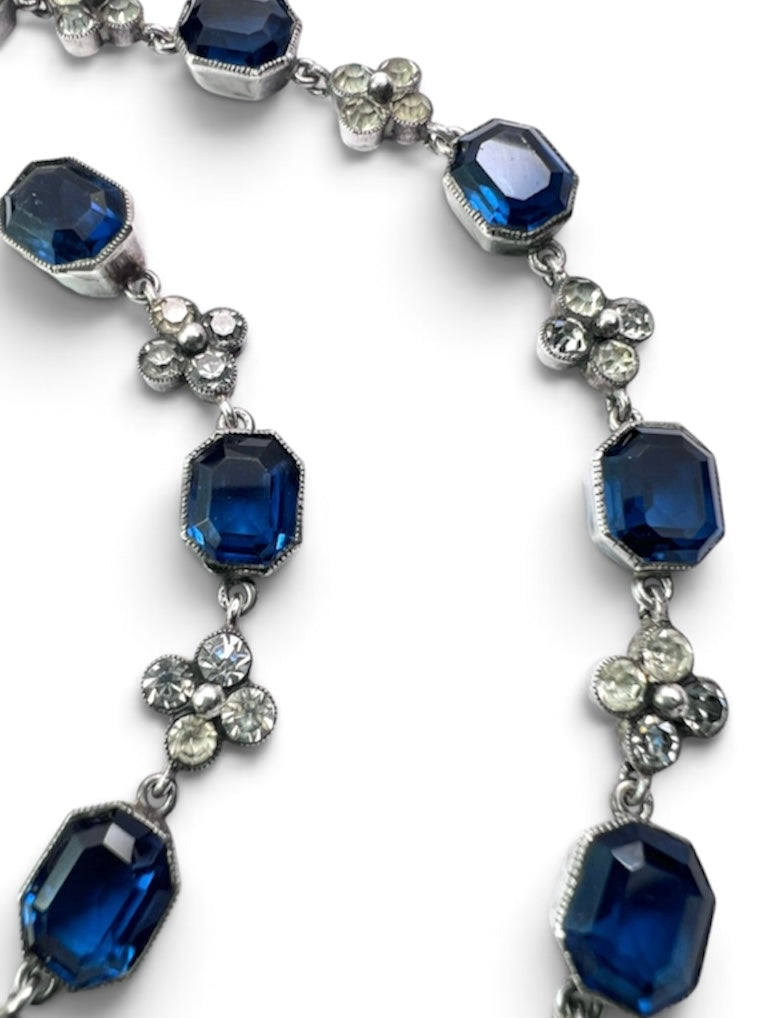 Art Deco Sapphire Paste Silver Earrings and Necklace Set