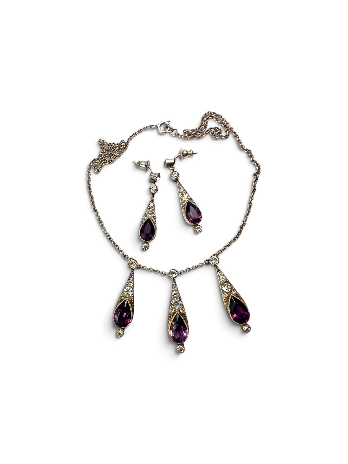 Art Deco Amethyst Paste Silver and Gold Earrings and Necklace Set