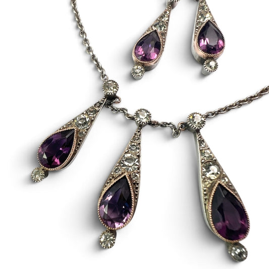 Art Deco Amethyst Paste Silver and Gold Earrings and Necklace Set