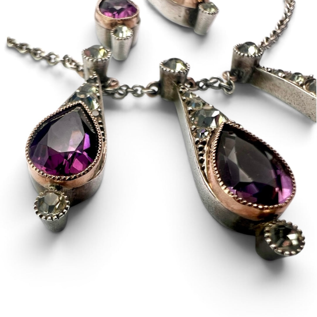 Art Deco Amethyst Paste Silver and Gold Earrings and Necklace Set