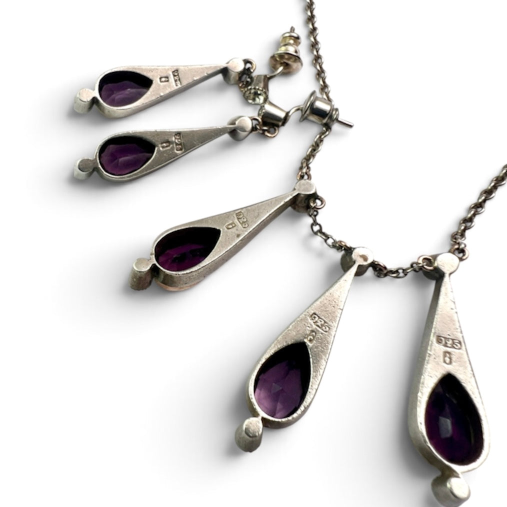 Art Deco Amethyst Paste Silver and Gold Earrings and Necklace Set
