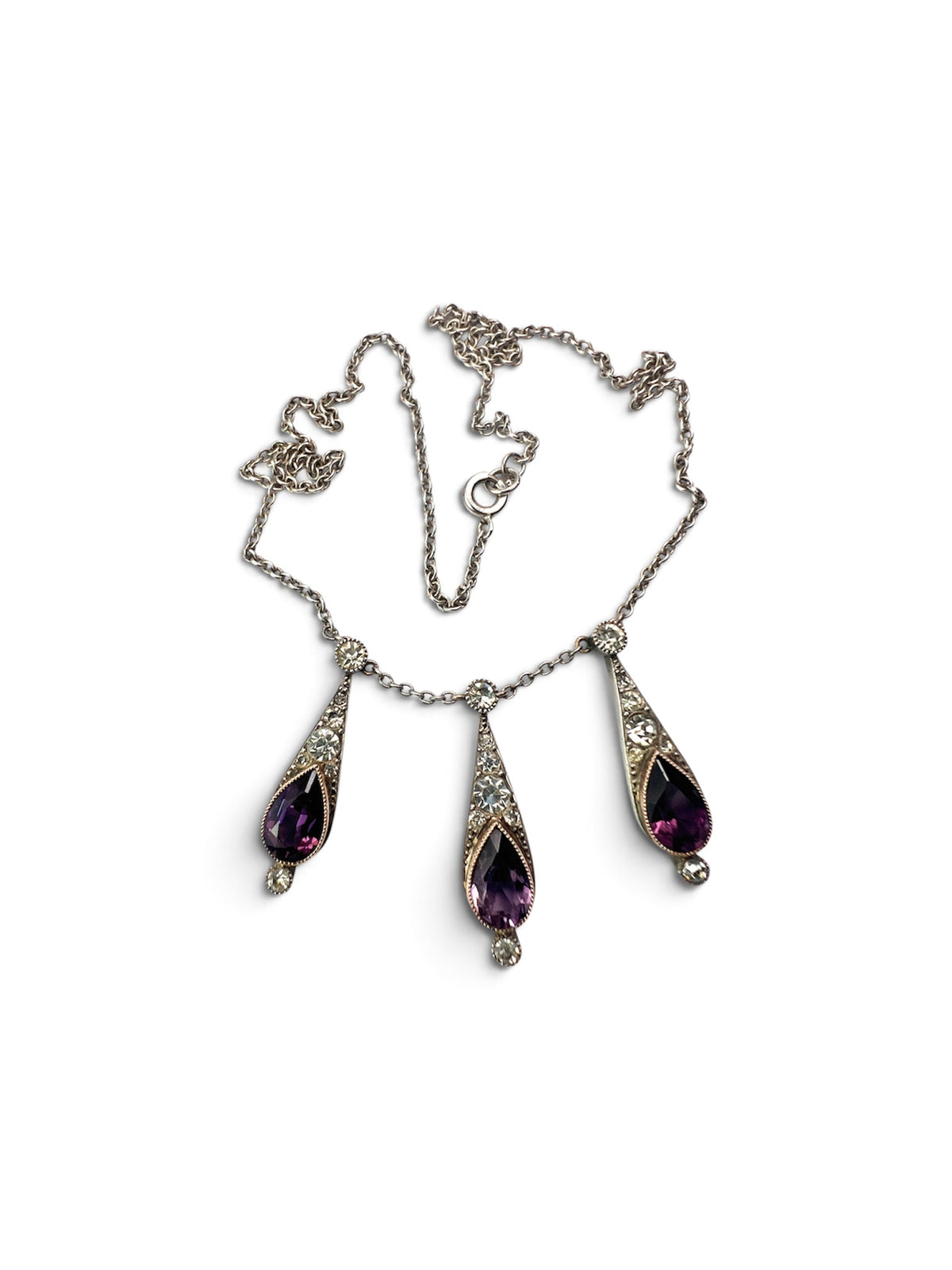 Art Deco Amethyst Paste Silver and Gold Earrings and Necklace Set