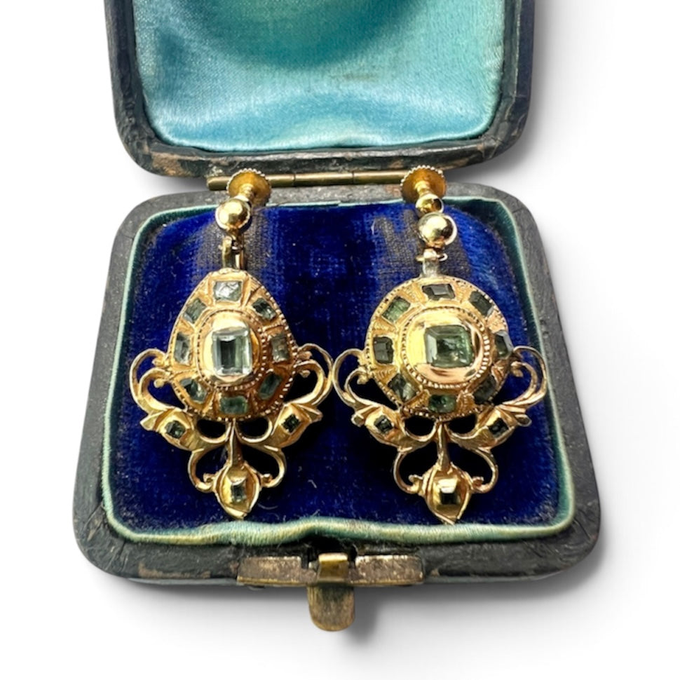Ornate Georgian Emerald Gold Earrings