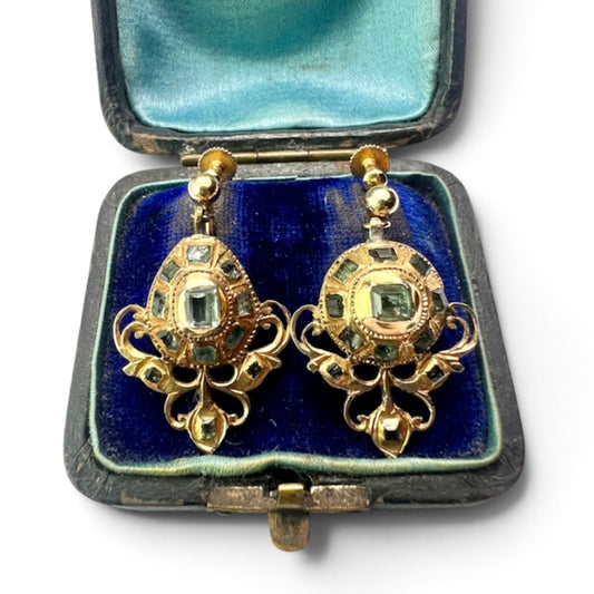 Ornate Georgian Emerald Gold Earrings