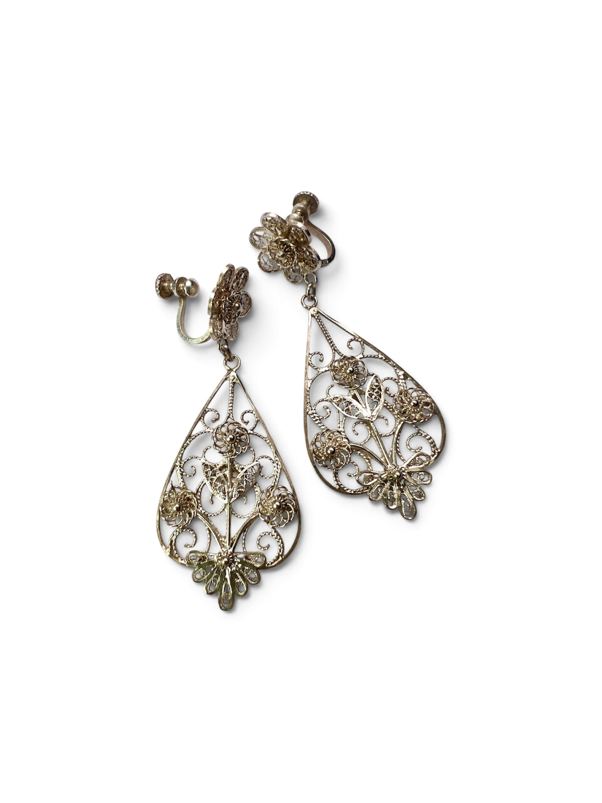 Vintage Silver Filigree Botanical Chandelier Earrings
