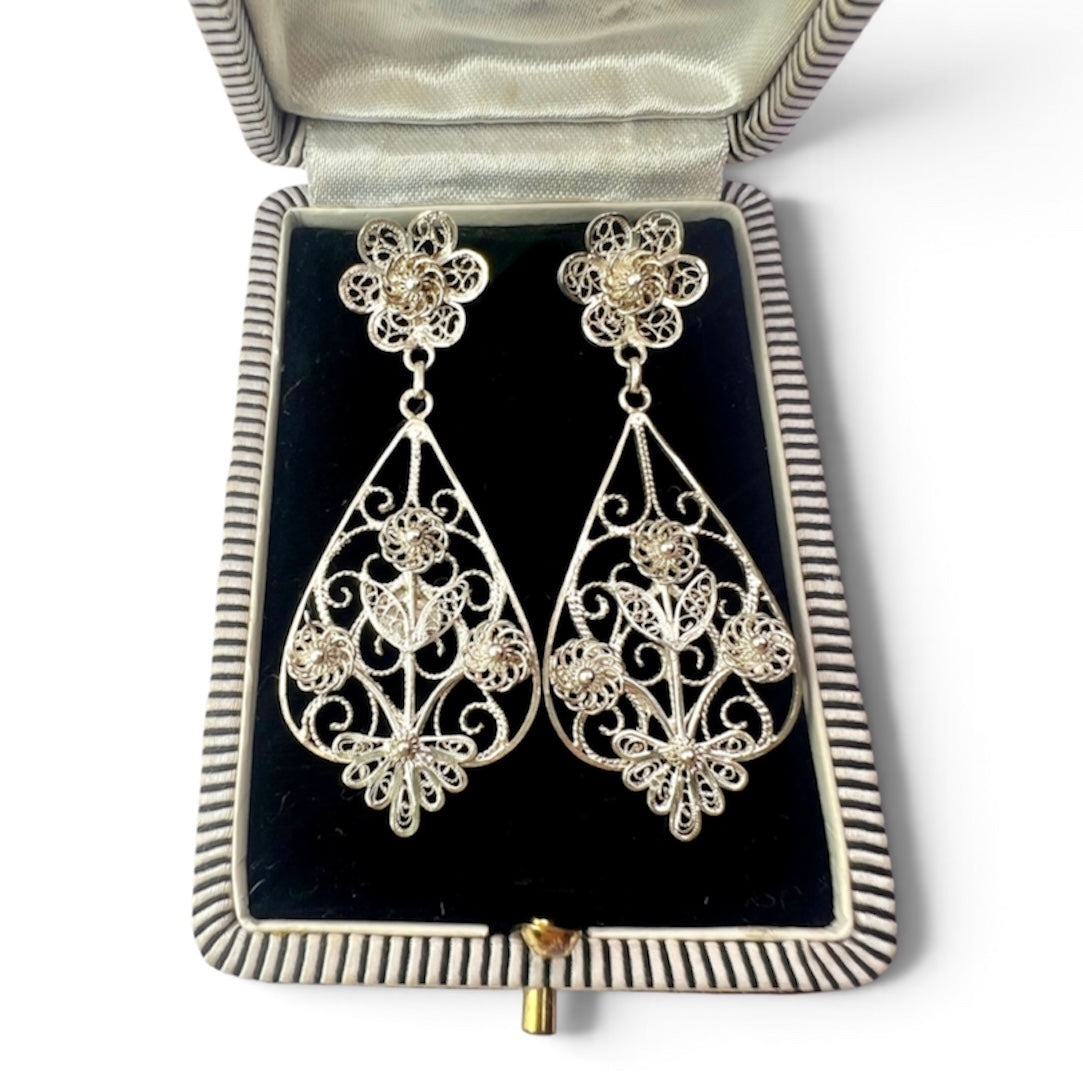 Vintage Silver Filigree Botanical Chandelier Earrings