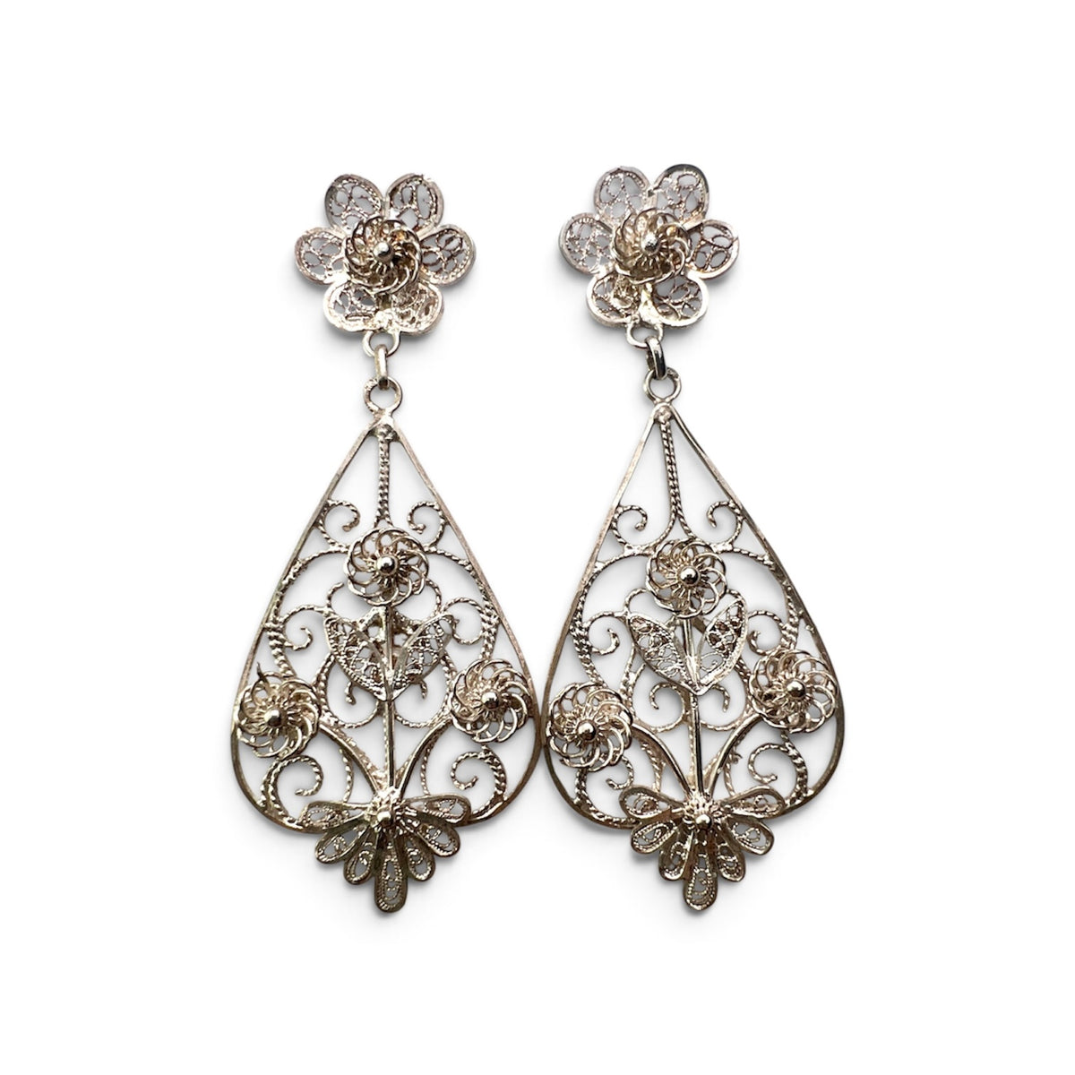 Vintage Silver Filigree Botanical Chandelier Earrings