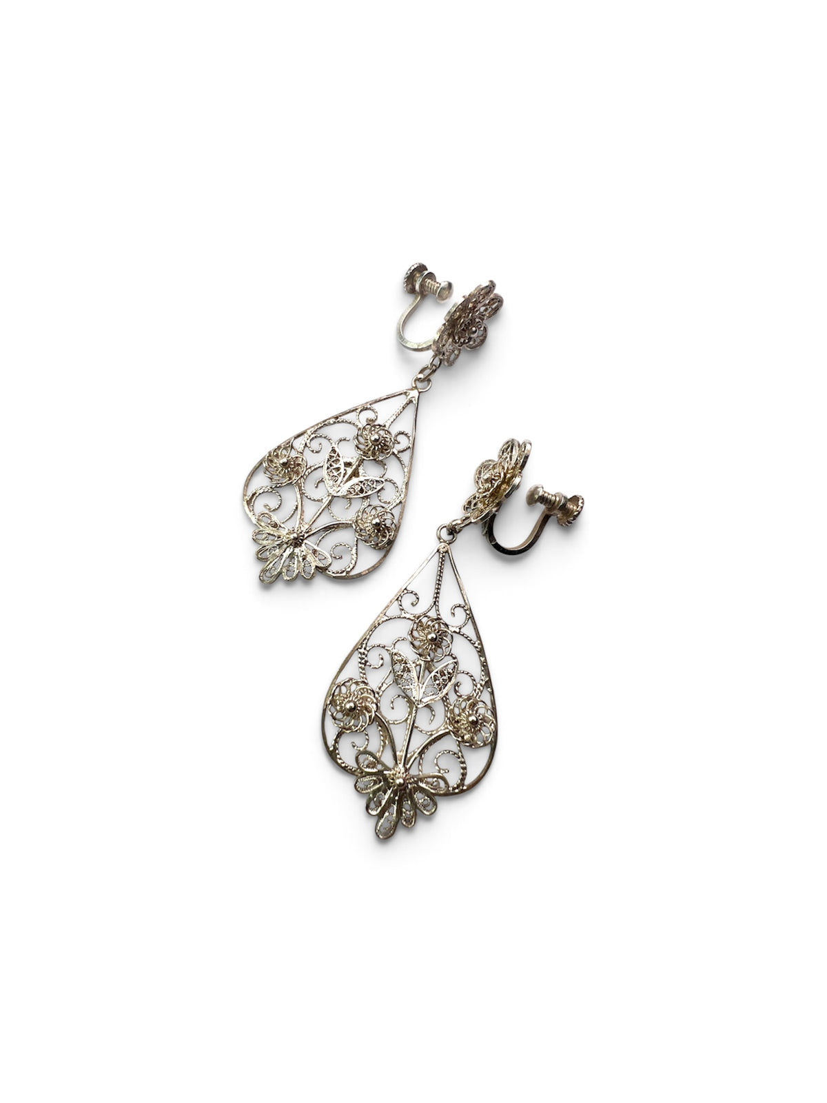 Vintage Silver Filigree Botanical Chandelier Earrings