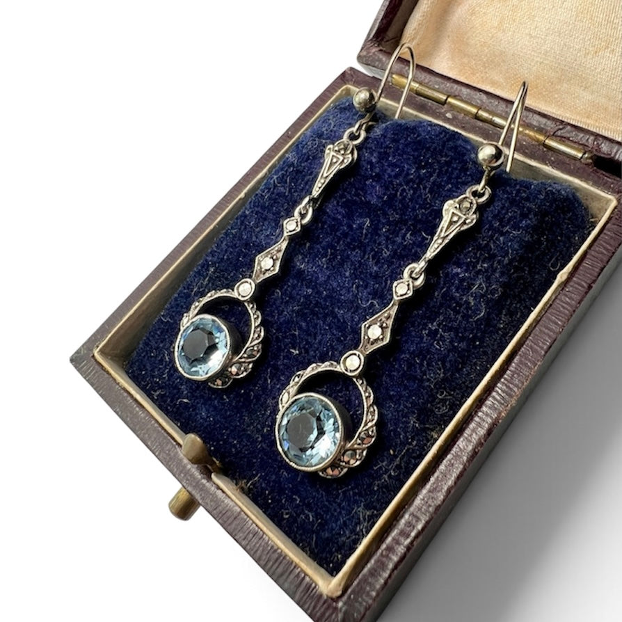 Edwardian Silver Topaz Paste Marcasite Earrings