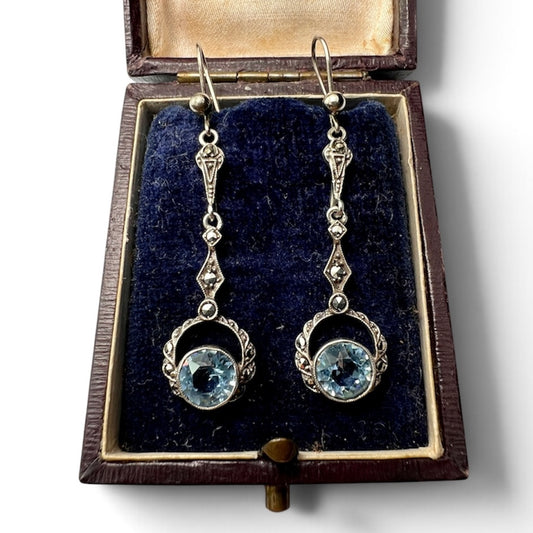 Edwardian Silver Topaz Paste Marcasite Earrings