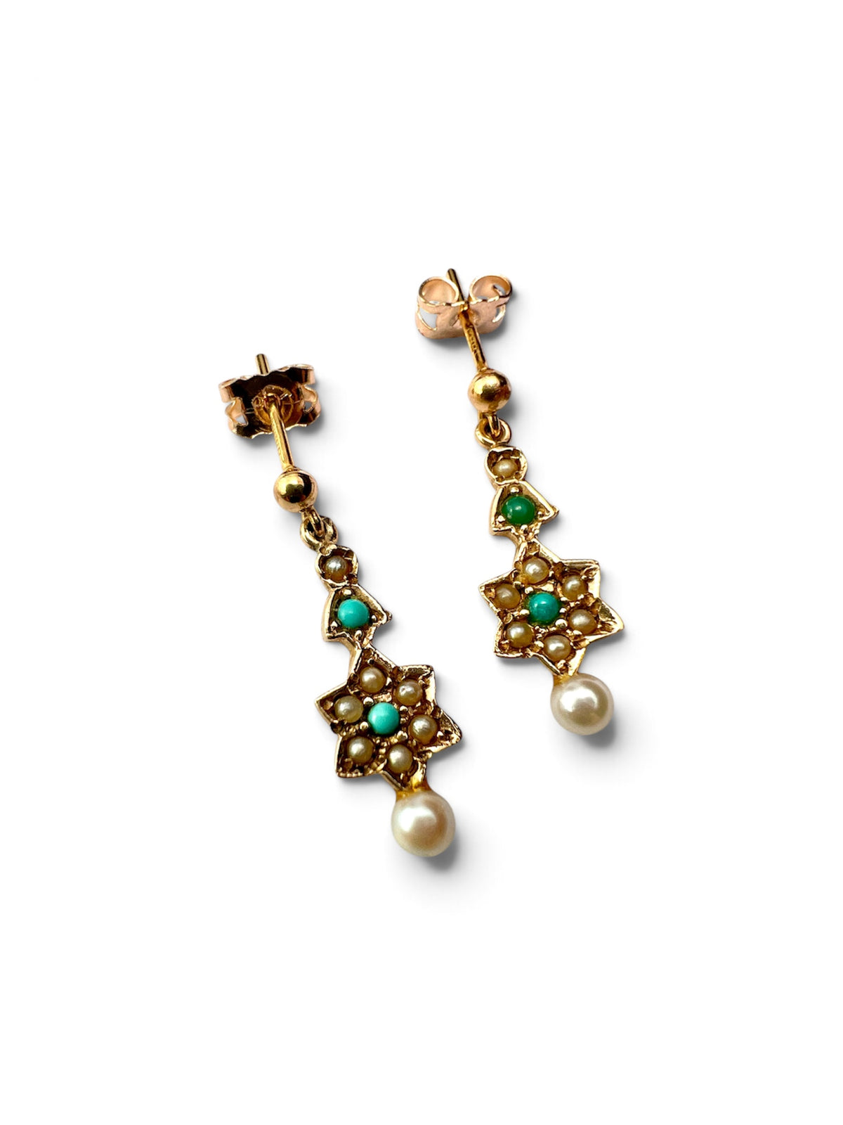 Edwardian Style Gold Turquoise and Pearl Star Earrings