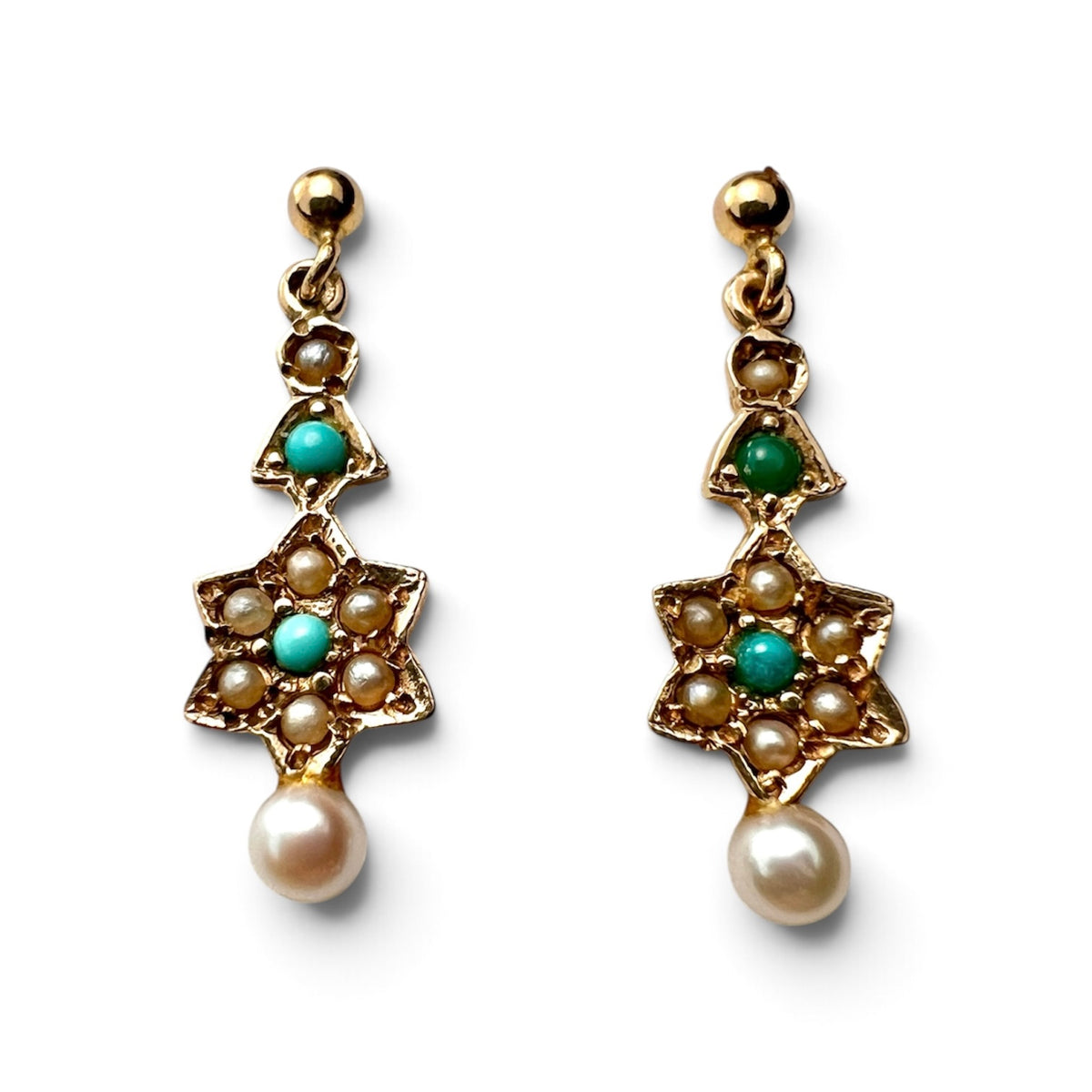 Edwardian Style Gold Turquoise and Pearl Star Earrings