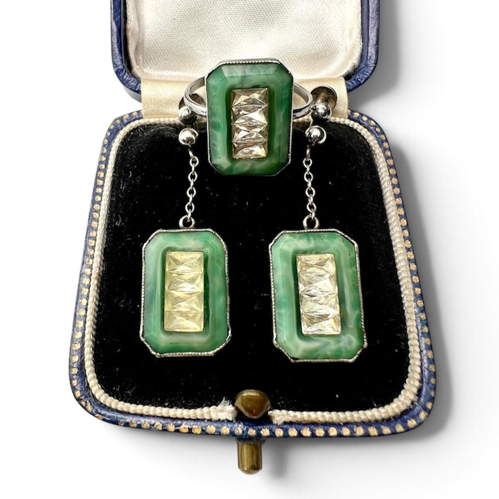 Antique Art Deco Jade Glass Silver Earrings and Ring