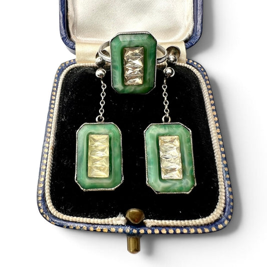 Antique Art Deco Jade Glass Silver Earrings and Ring