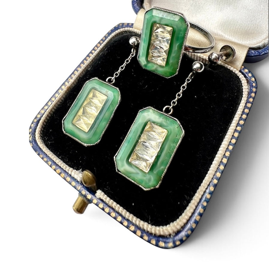 Antique Art Deco Jade Glass Silver Earrings and Ring