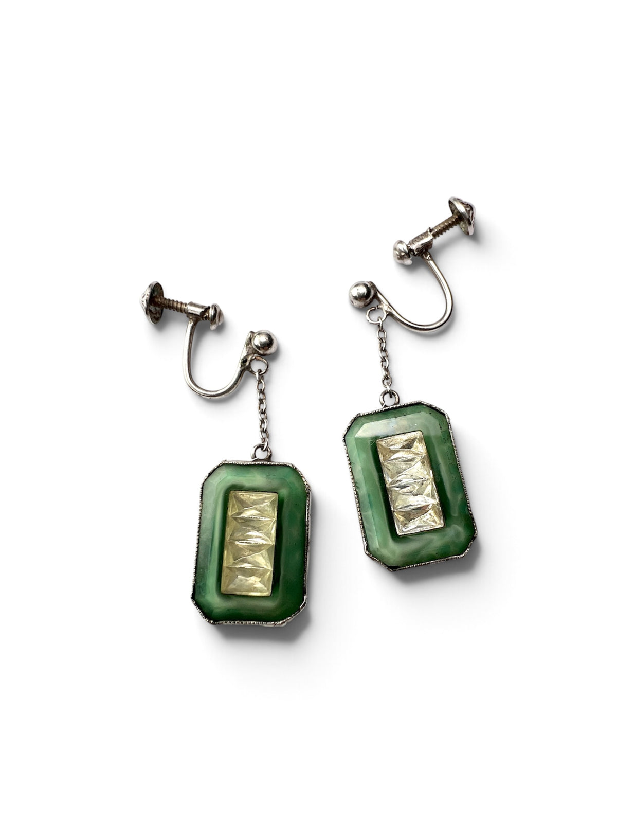 Antique Art Deco Jade Glass Silver Earrings and Ring