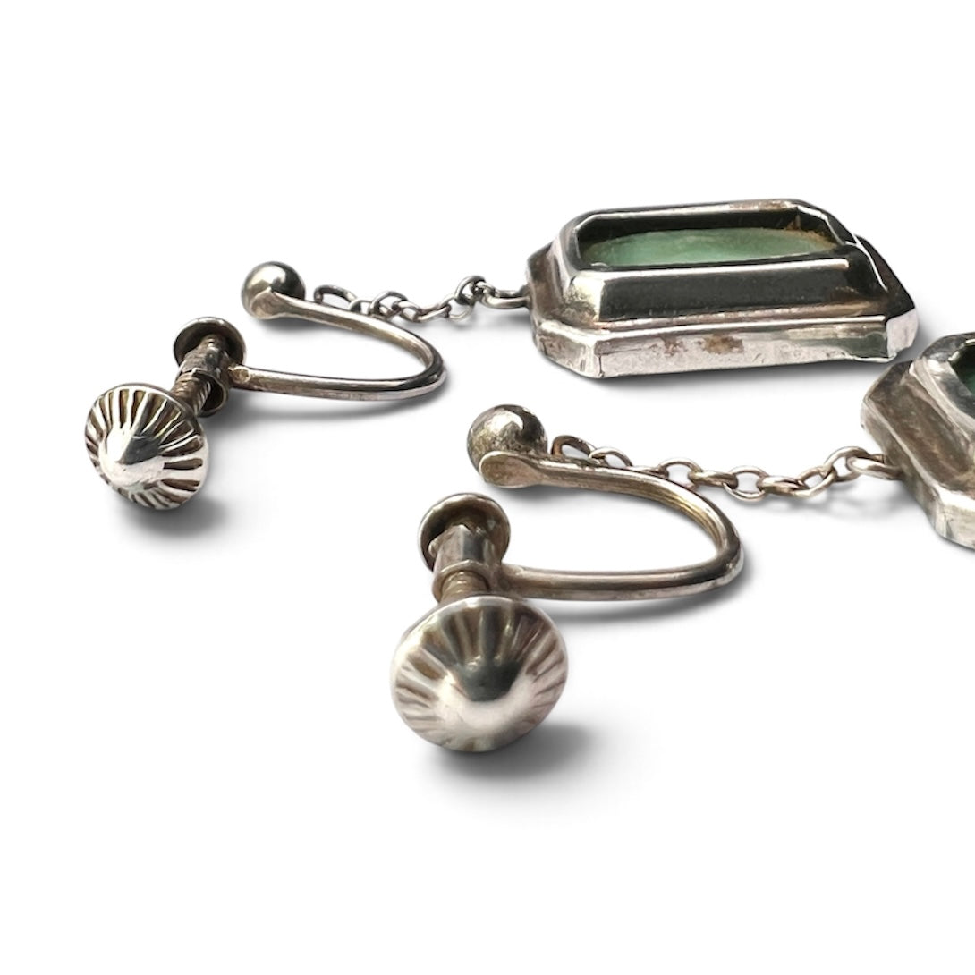 Antique Art Deco Jade Glass Silver Earrings and Ring