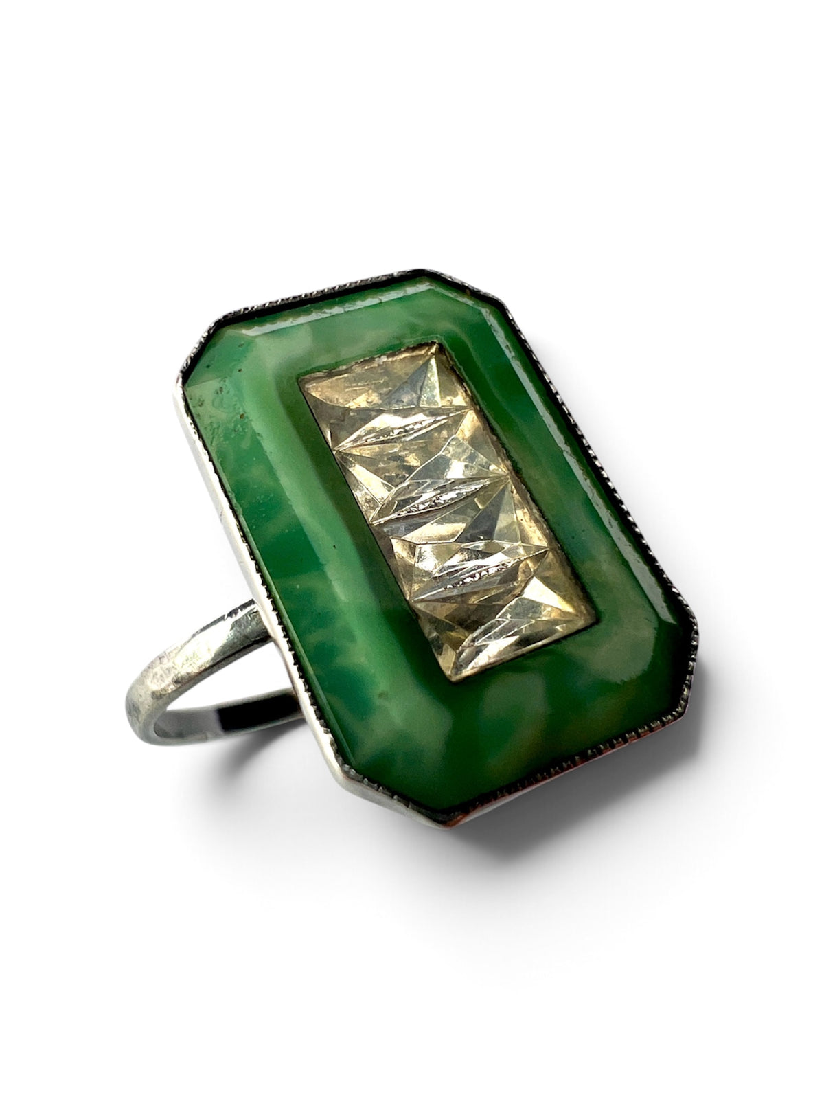 Antique Art Deco Jade Glass Silver Earrings and Ring