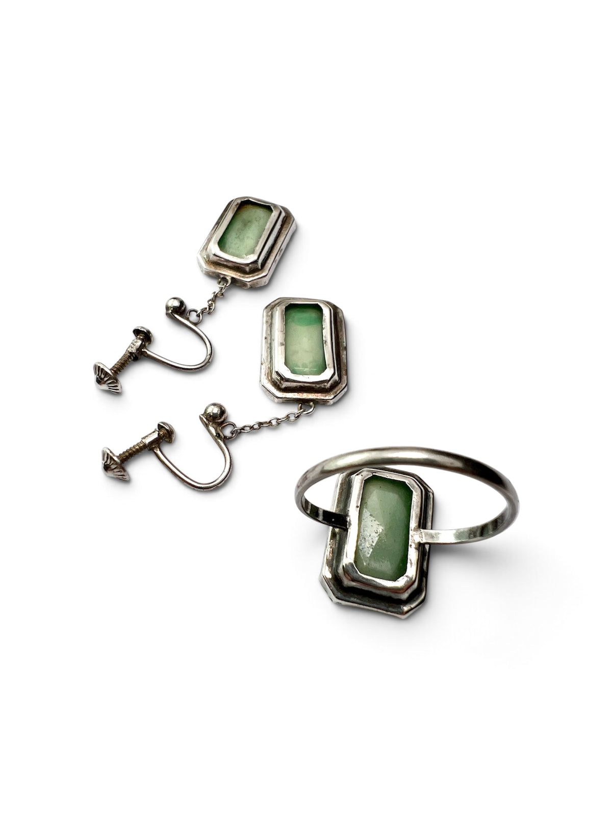 Antique Art Deco Jade Glass Silver Earrings and Ring
