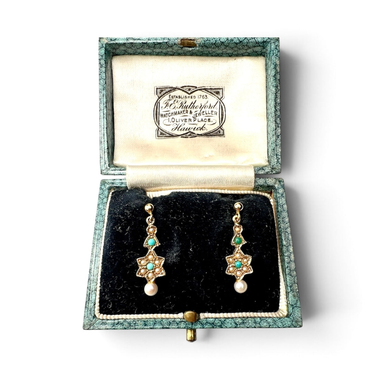 Edwardian Style Gold Turquoise and Pearl Star Earrings