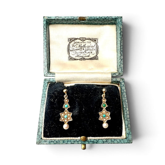 Edwardian Style Gold Turquoise and Pearl Star Earrings