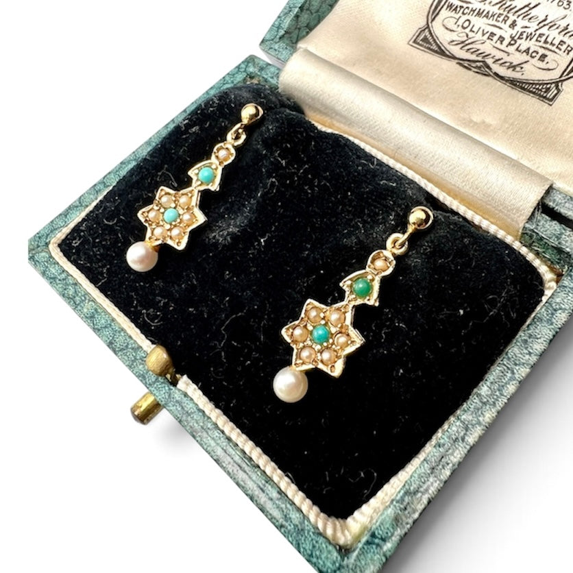 Edwardian Style Gold Turquoise and Pearl Star Earrings