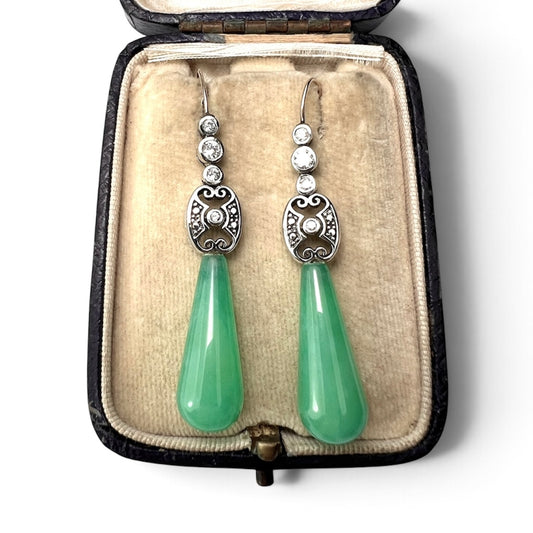 Vintage Art Deco Style Gold and Silver Jadeite Teardrop Earrings