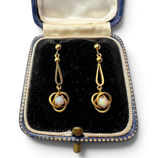 Vintage 9CT Gold Knot Opal Teardrop Earrings