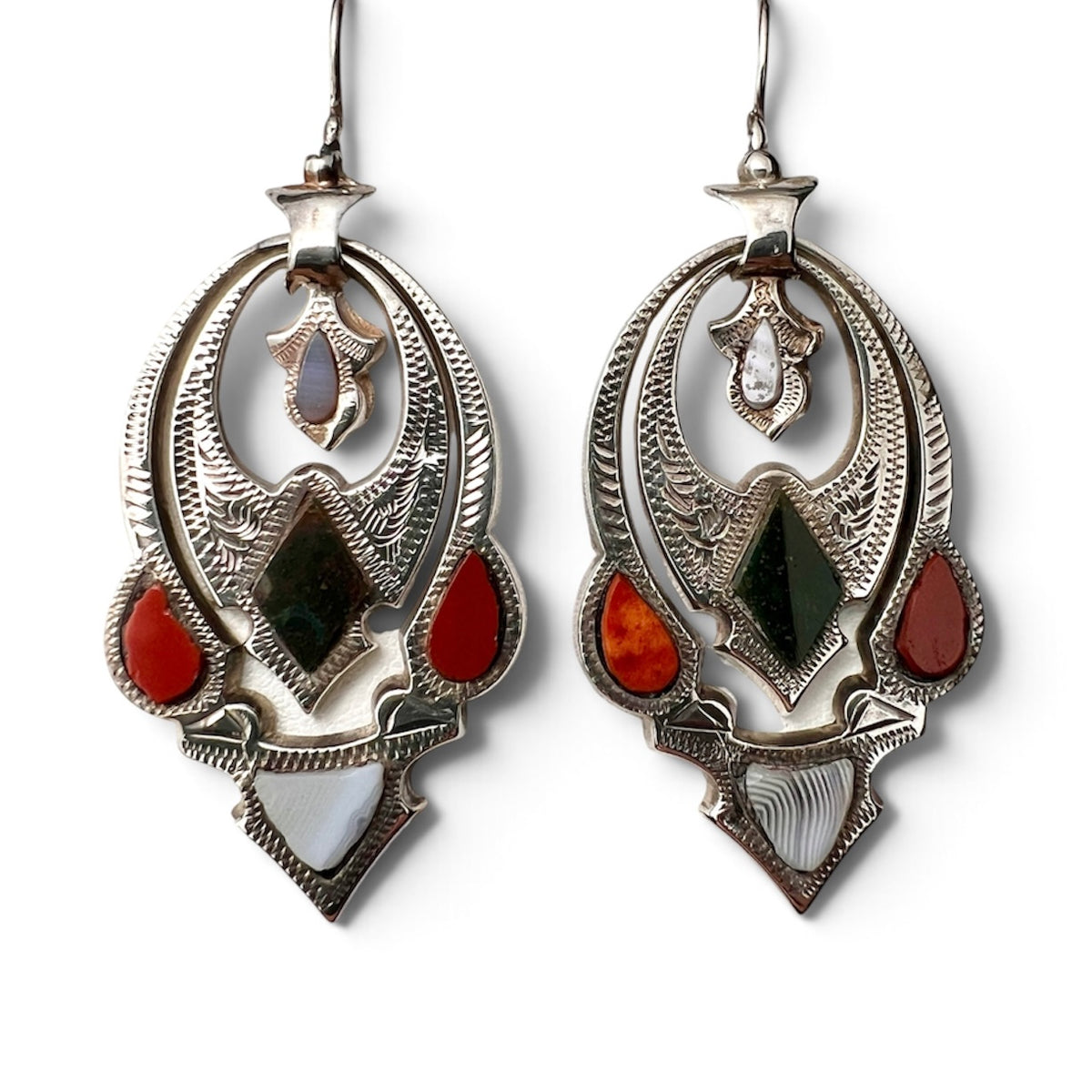 Victorian Scottish Agate Sterling Silver Pendant Earrings