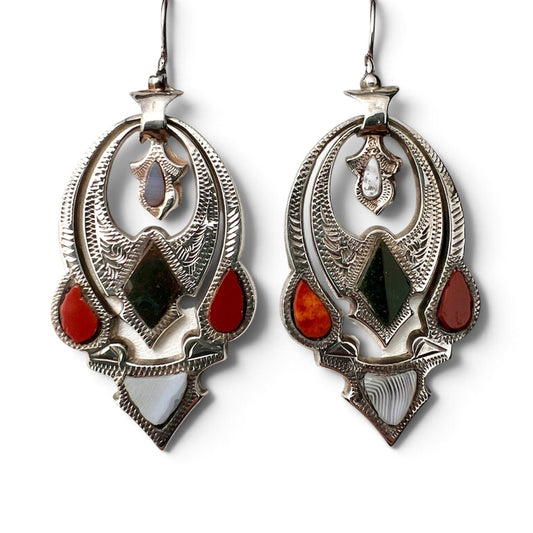 Victorian Scottish Agate Sterling Silver Pendant Earrings