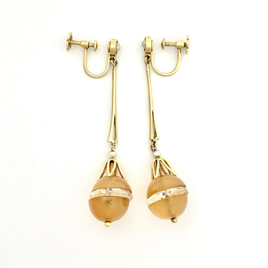 Edwardian 15CT Gold Chalcedony, Pearl and Rock Crystal Egg Long Drop Earrings