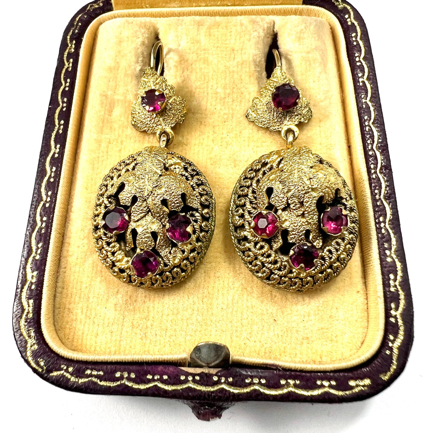 Victorian Etruscan Revival Paste Garnet Gilt Demi Parure Earrings and Brooch