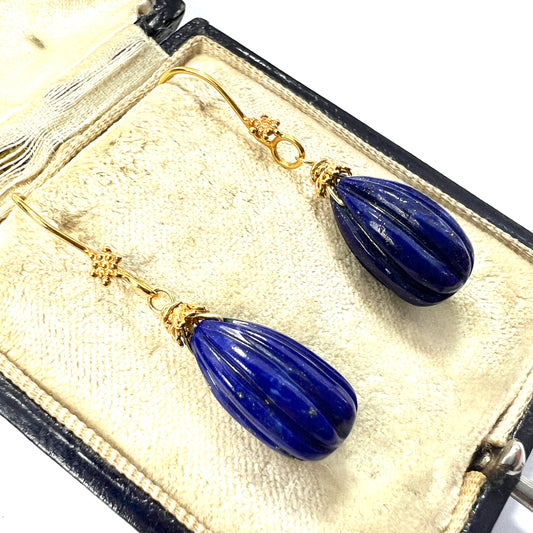 Vintage Solid 18CT Gold Lapis Lazuli Fluted Teardrop Earrings