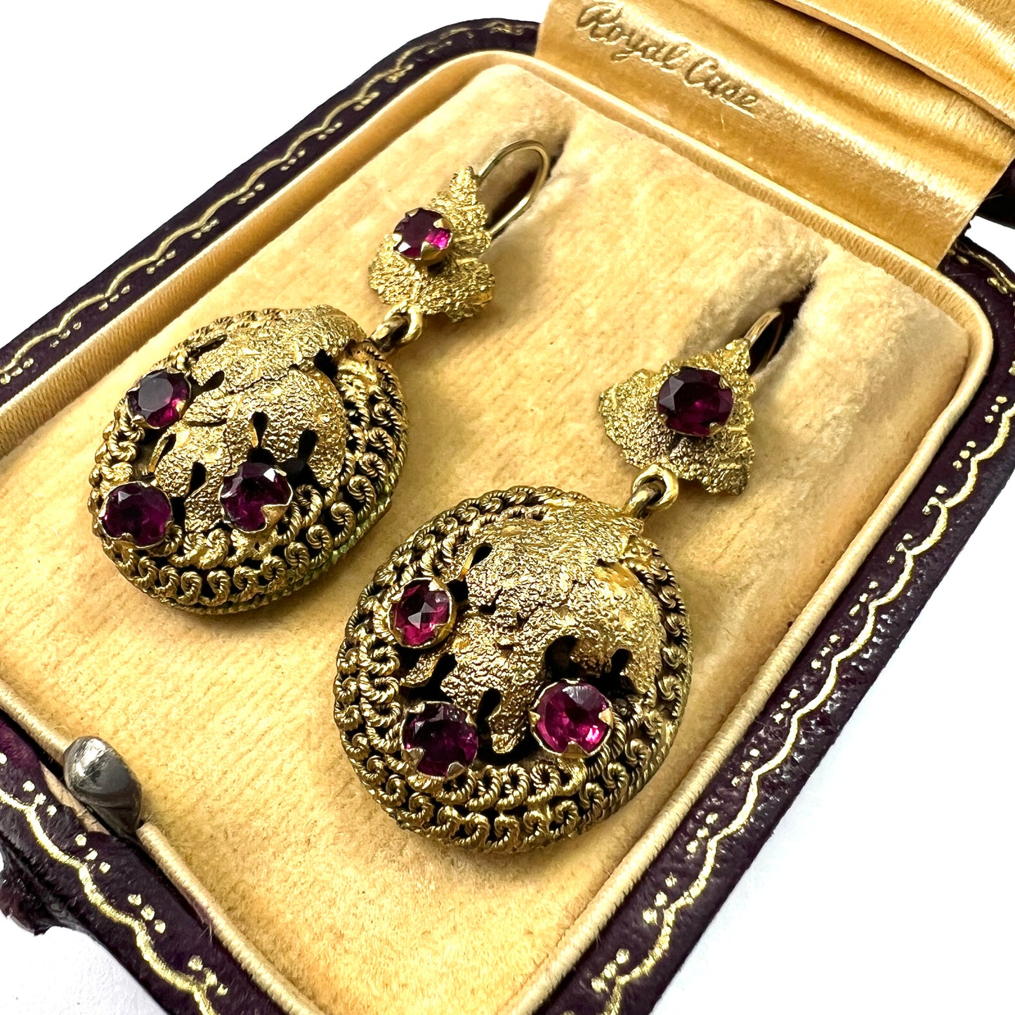 Victorian Etruscan Revival Paste Garnet Gilt Demi Parure Earrings and Brooch