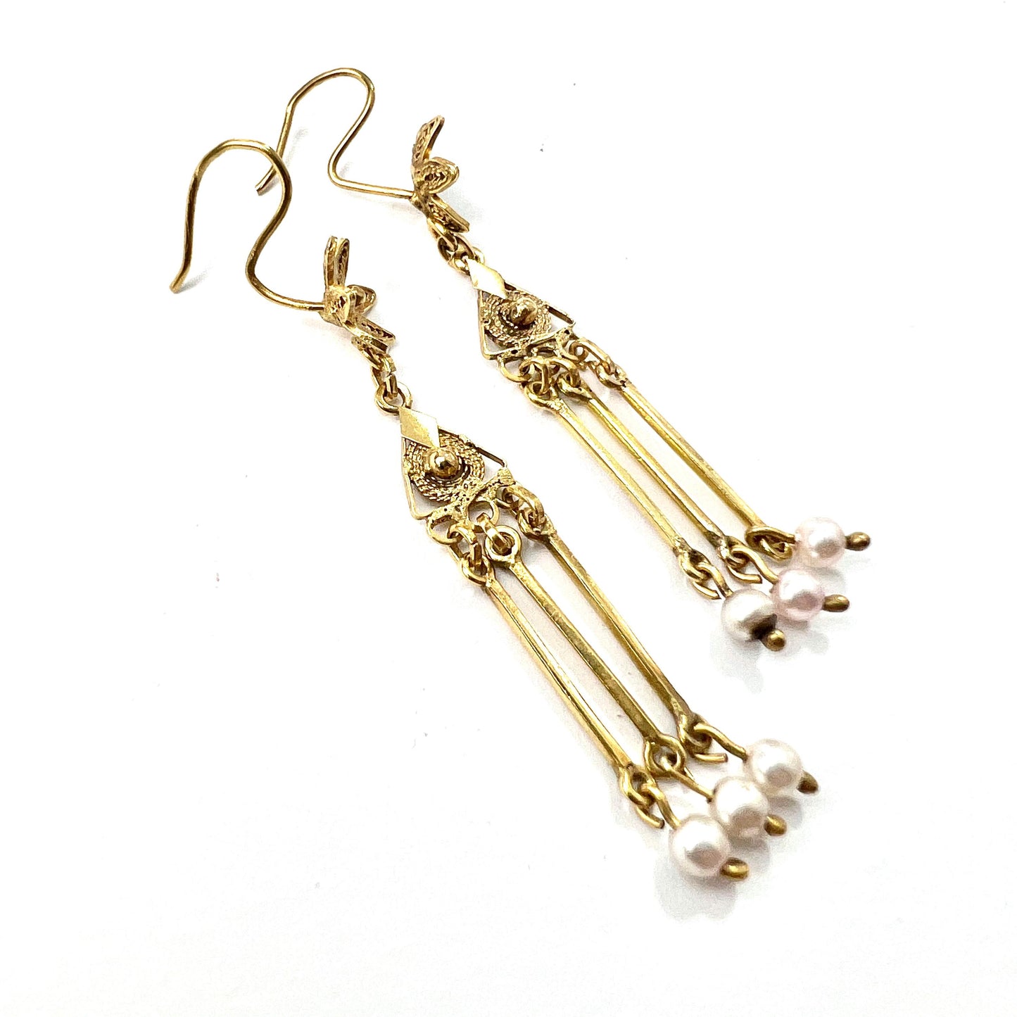 Vintage Gold Filigree Flower Drop Pearl Earrings