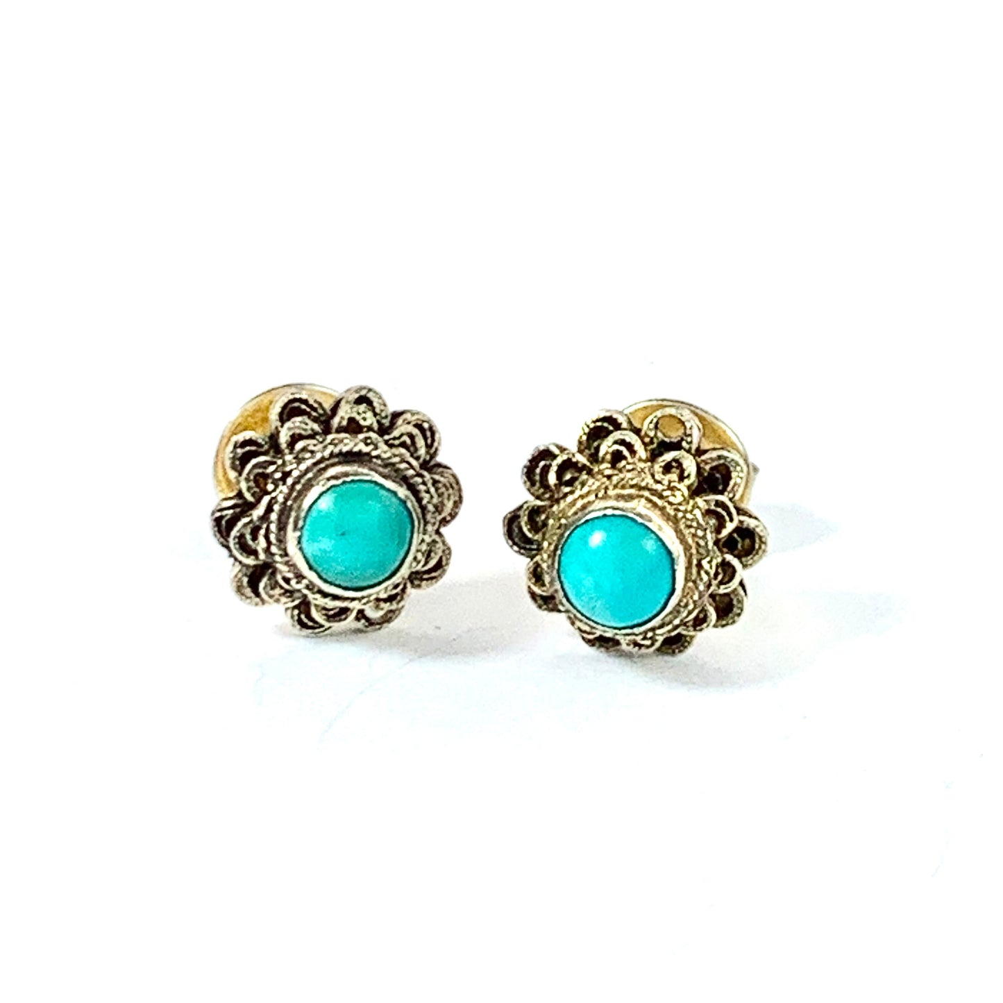 Antique Turquoise Silver Gilt Filigree Stud Earrings