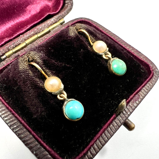 Victorian Gold Turquoise and Pearl Drop Earrings