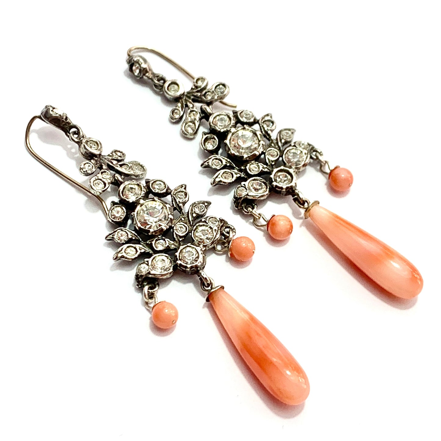 19th Century Silver Paste Coral Glass Chandelier Earrings