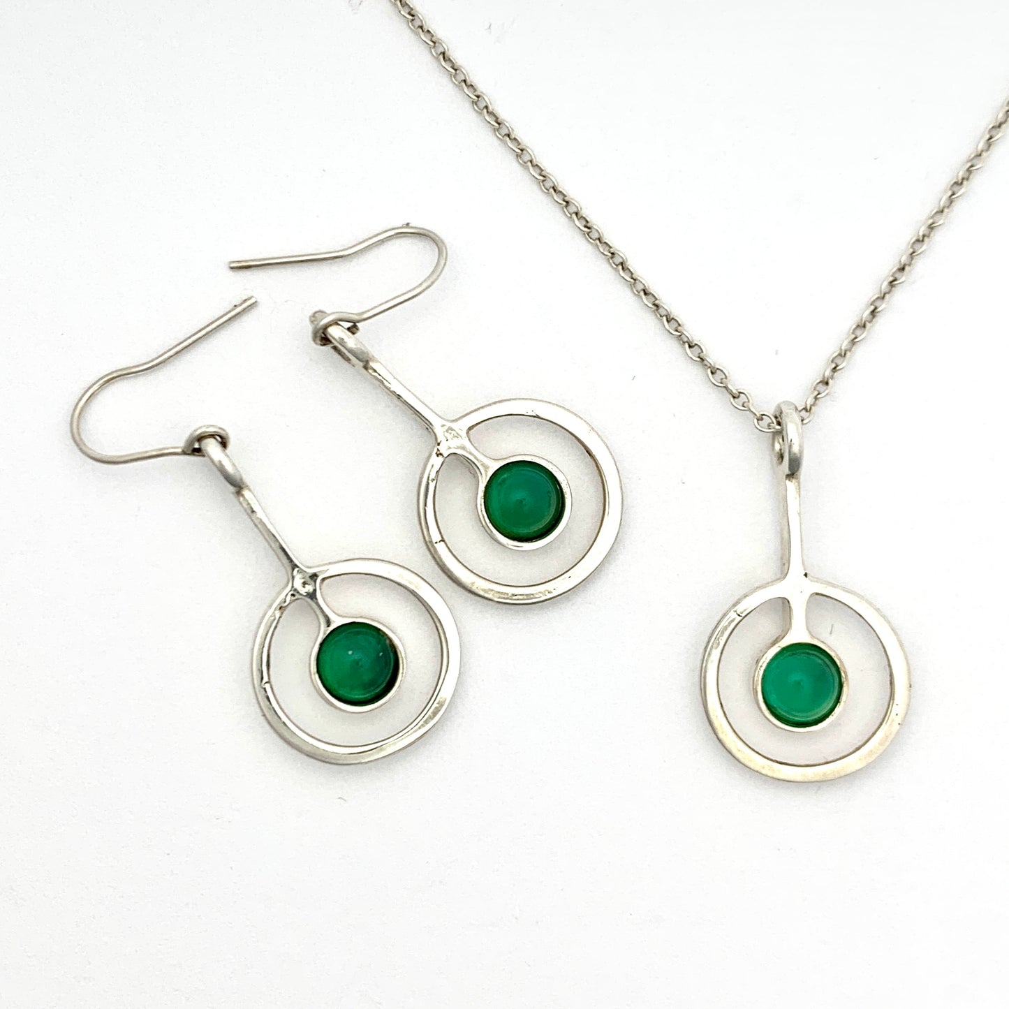 Vintage Scottish Silver Modernist Green Stone Earrings and Necklace