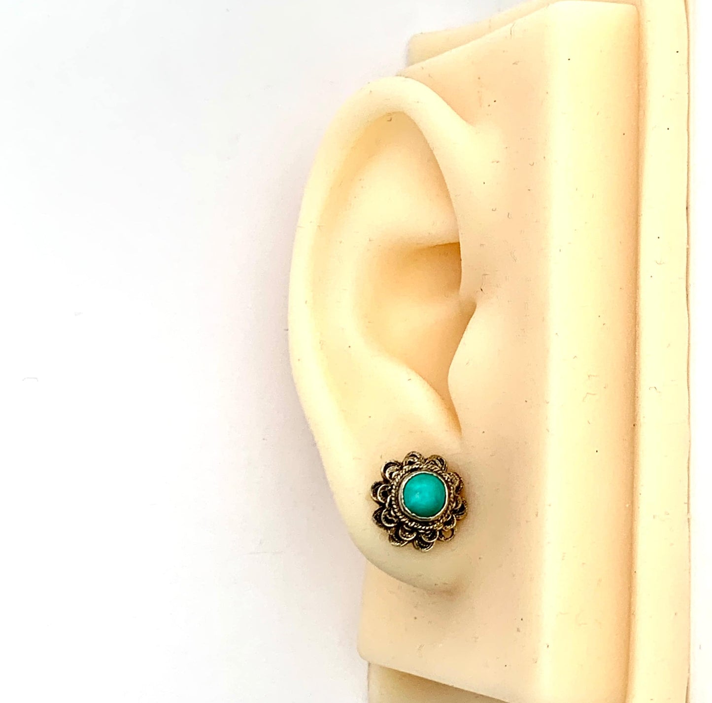 Antique Turquoise Silver Gilt Filigree Stud Earrings