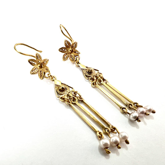 Vintage Gold Filigree Flower Drop Pearl Earrings