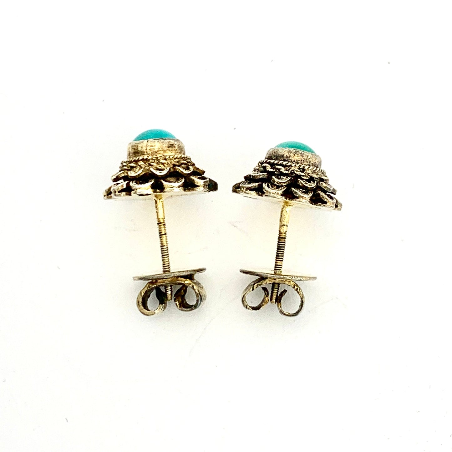 Antique Turquoise Silver Gilt Filigree Stud Earrings