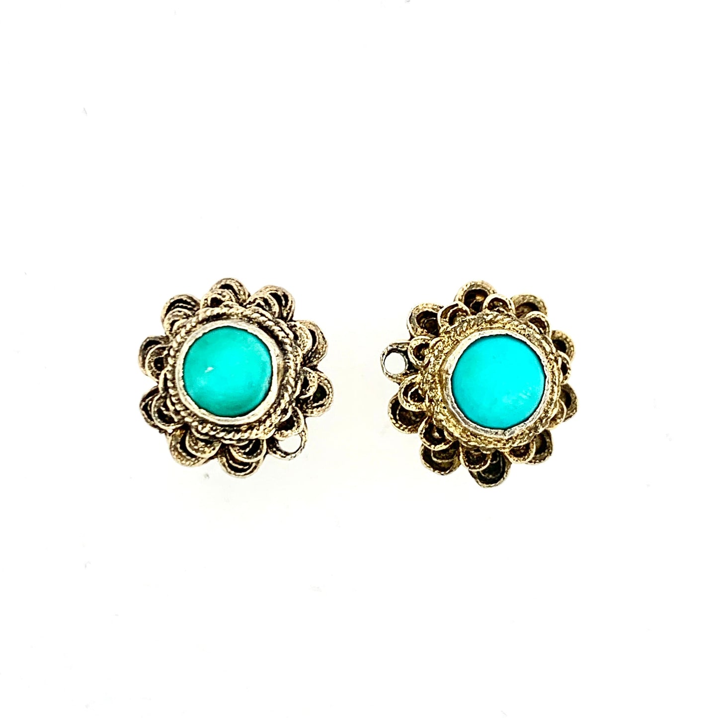 Antique Turquoise Silver Gilt Filigree Stud Earrings