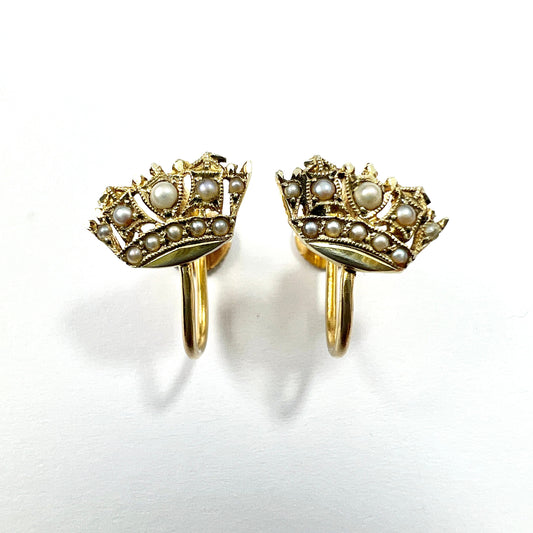 Vintage 9CT Gold Pearl Crown Screwback Earrings