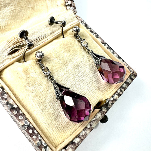 Vintage Amethyst Paste Silver Screwback Earrings