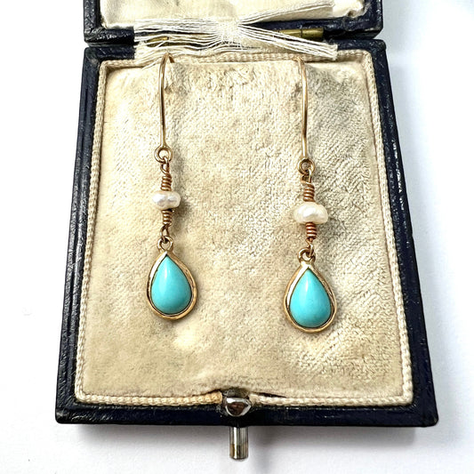 Vintage 14CT Gold Turquoise and Seed Pearl Teardrop Earrings