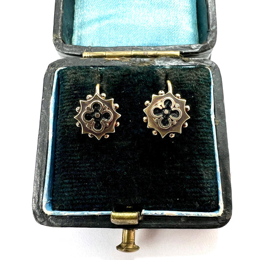 Tiny Victorian 15CT Gold Quatrefoil Enamel Earrings