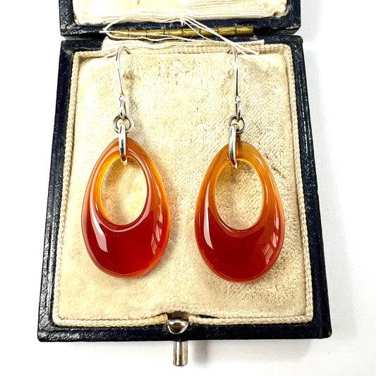 Vintage Carved Cornelian Teardrop Hoop Silver Earrings